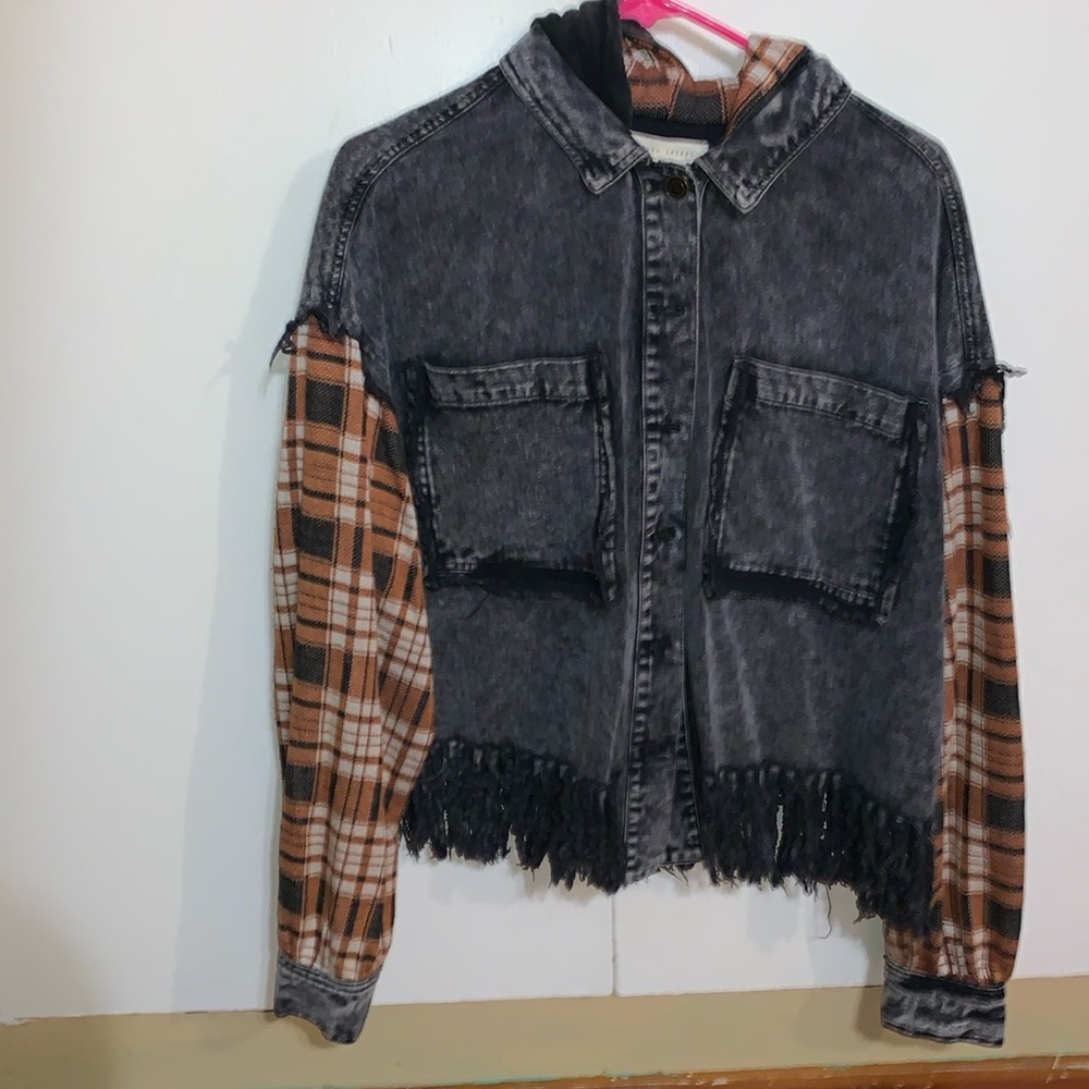 Gilded intent plaid denim fringe jacket, size medium